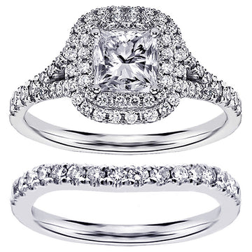 1.50 CT Micro Pave Set Princess-Cut Designer Halo Engagement Bridal Set in 14k White Gold